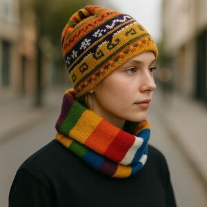 Colorful Striped Knit Scarf Beanie